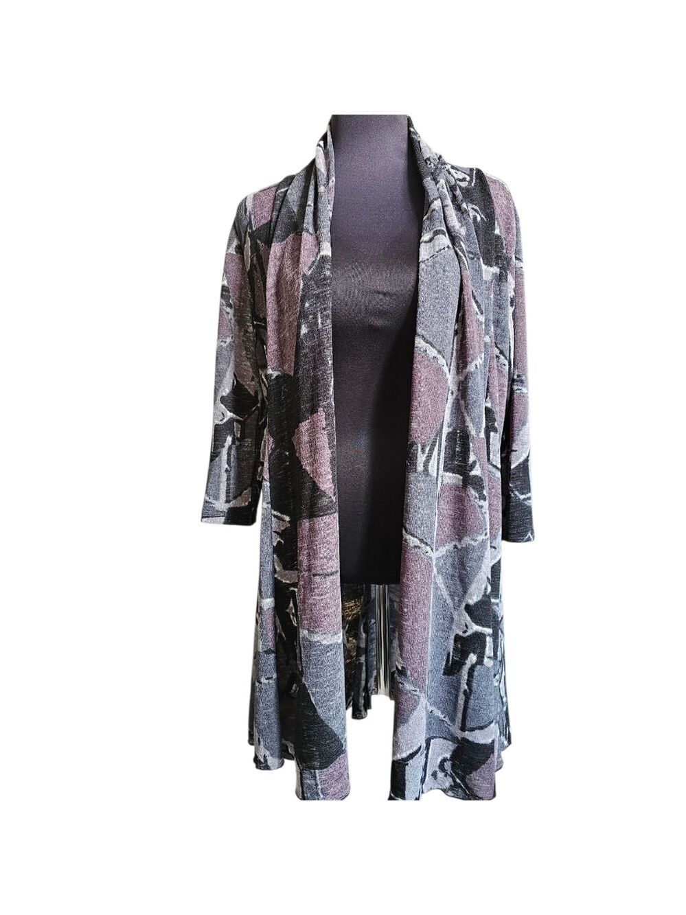 CREATION 3/4 Sleeve Purple & Gray Open Front Cover Up Cardigan Size Small NWT